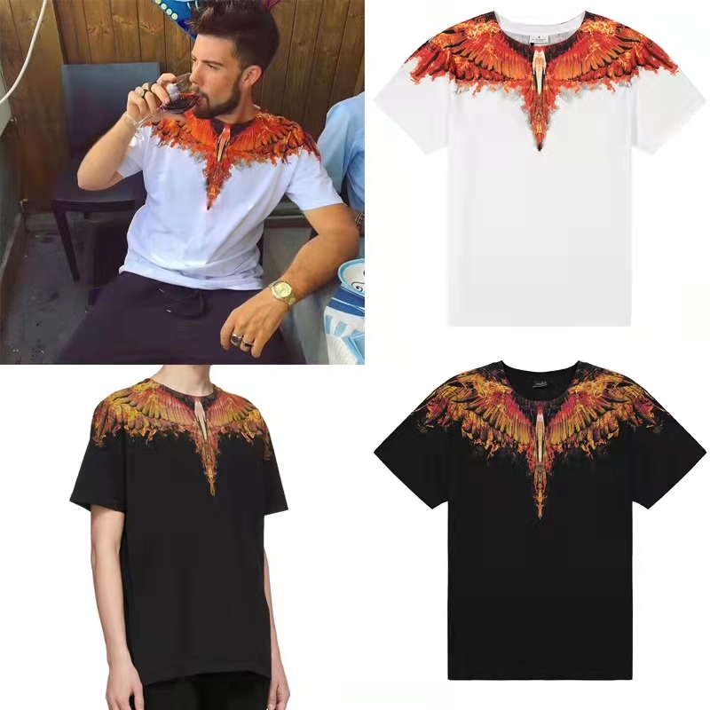 Authentic Marcelo Burlon Mb Winged Short-Sleeve T-Shirt with Flame Print, Loose Fit, Couple's Outfit