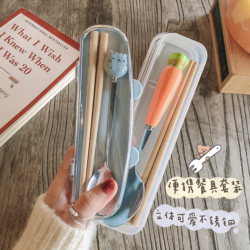 Box with chopsticks BOXES WITH LID CHILDREN WOODEN SPOON CUTLERY CUTLERY CUTLERY CUTE PORTABLE STUDENT TAKEOUT CUTLERY