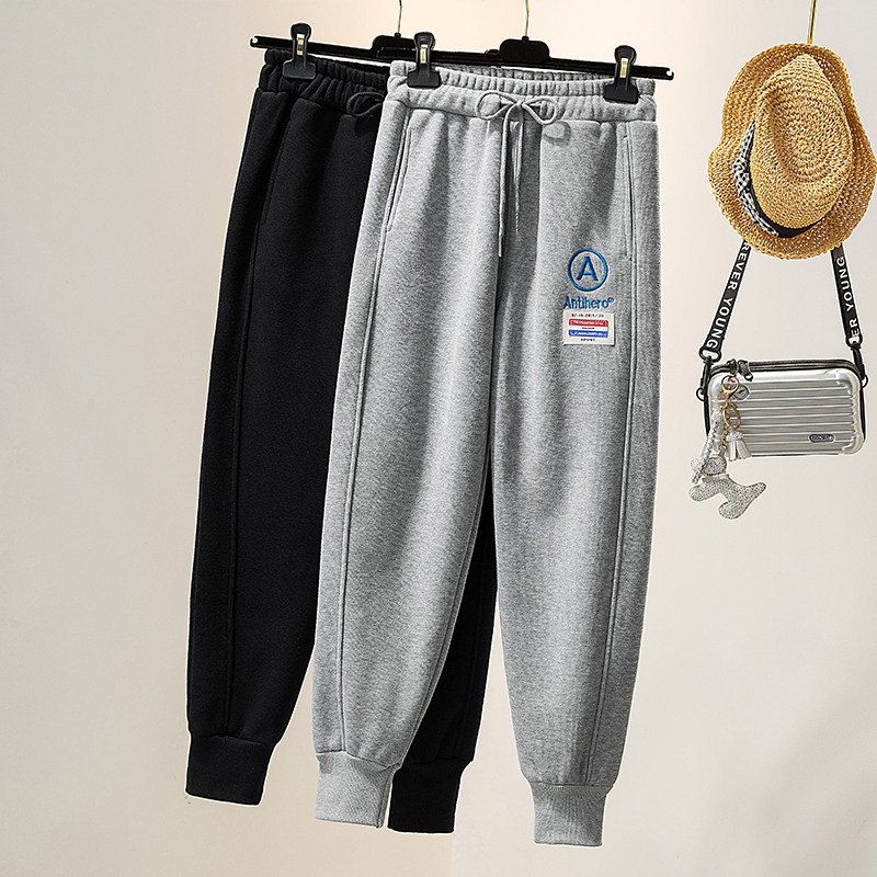 Grey sweatpants women's nine-point embroidered letter A European station 2021 spring new loose and thin leggings sports pants