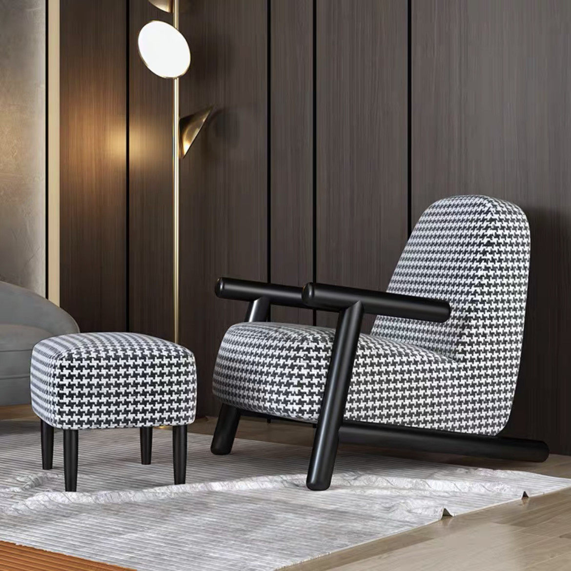 Nordic creative living room fabric sofa chair designer houndstooth leisure chair solid wood armrest chair tea table chair