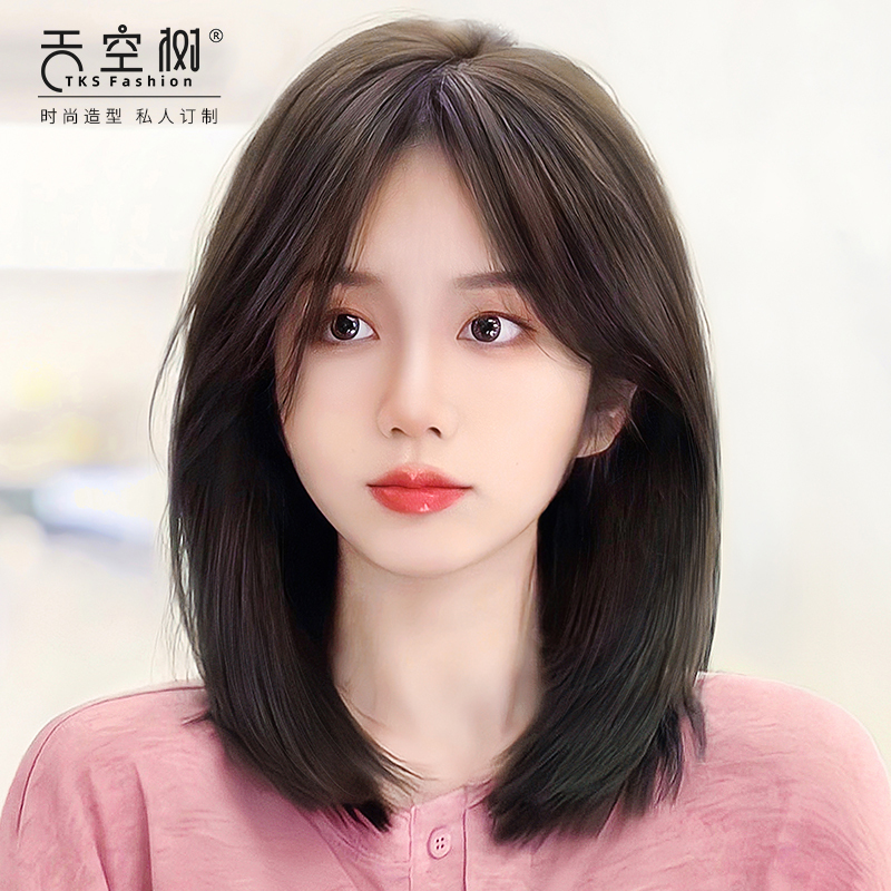 Wig Made of Real Human Hair, Natural New Style with Bangs, Long Hair, Full Head Wig, Collarbone-Length Full Wig