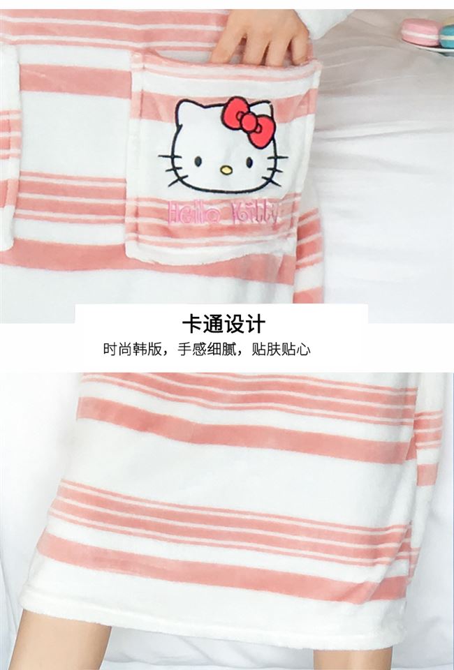 Bộ đồ ngủ mặc nhà nhung san hô có thể mặc ngoài thu đông Váy ngủ kẻ sọc một mảnh, tay dài, phong cách hàn quốc nữ - Đêm đầm