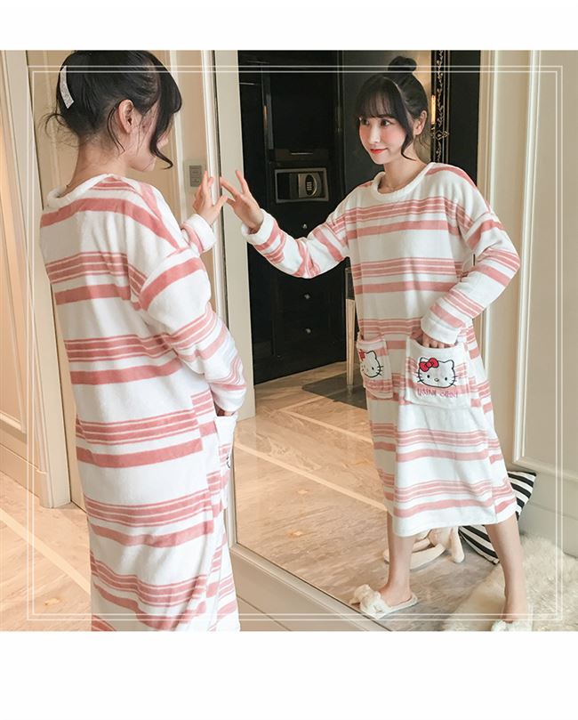 Bộ đồ ngủ mặc nhà nhung san hô có thể mặc ngoài thu đông Váy ngủ kẻ sọc một mảnh, tay dài, phong cách hàn quốc nữ - Đêm đầm
