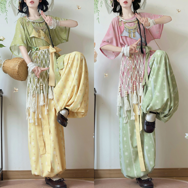 Yunxunge Original [Xiaoxia] Hanfu Women's Tang-Style Short-Sleeved Round-Neck Robe Lantern Pants Summer Cute Daily Outfit