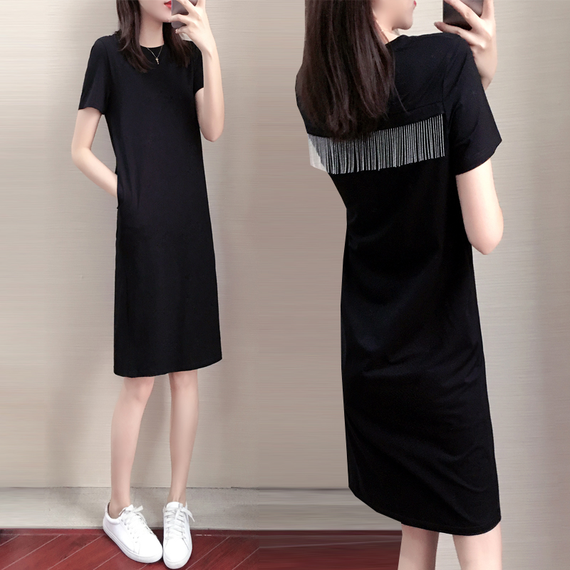 Black casual dress woman summer 2021 new woman in the new dress long - length slim skirt dress T - shirt
