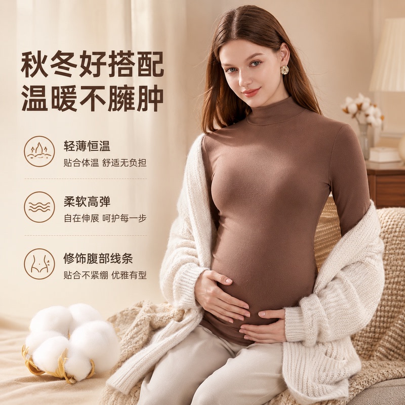 Maternity Class a Base Layer Shirt, Spring and Autumn Style, Mid-High Collar, Outerwear or Inner Wear, Pure Cotton Long-Sleeve T-Shirt, Pregnancy Top, Winter Wear