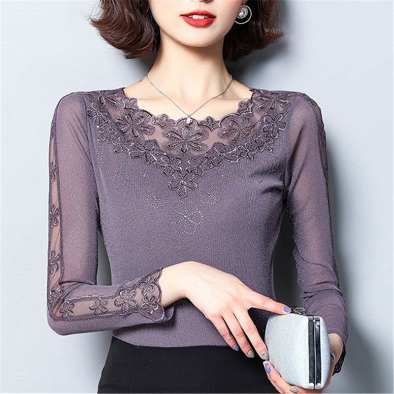 Regular/Fleece-Lined Round Neck Lace Base Shirt for Women, Shiny Long-Sleeve Spring, Autumn, and Winter Mesh Top, Low-Neck Mother's T-Shirt
