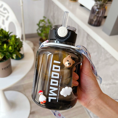 Вместительный и большой спортивный летний чайник со стаканом для спортзала, трубочка, 1000 мл