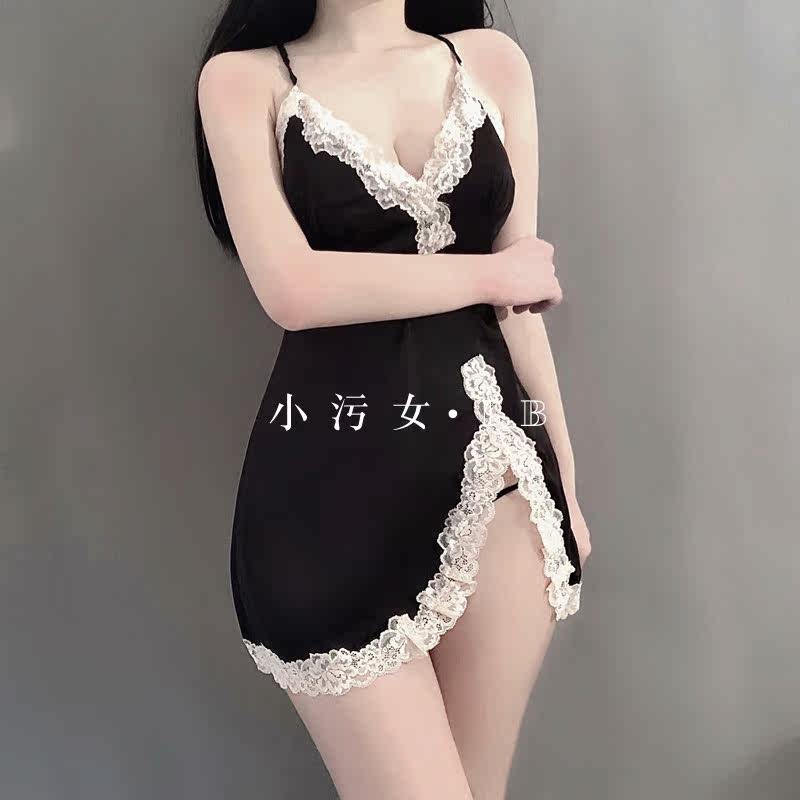 Small Stains Girl Sexy Harness Pyjamas Deep V Sleeping Dresses Lace Splicing Summer 2021 New Open Fork Tempting Home Clothes