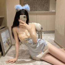 Pure wind deep V embroidery stitching satin condole belt nightgown sexy temptation pajamas home clothing set summer thin