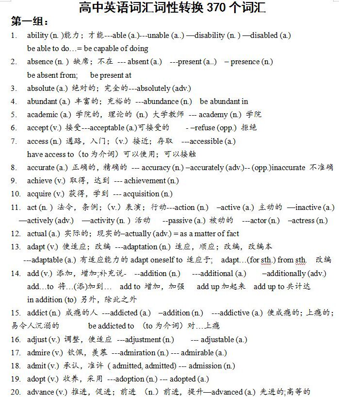 通用版高中高考英语必背单词词汇词性转换总结复习资料word电子版