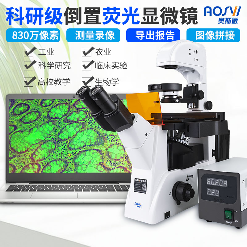 Osmicro (AOSVI) fluorescent inverted biological microscope quadronic fluorescent excitation fluorescence microscopy with photo measurements Functional Biology Science Laboratory Immunobiology Watch
