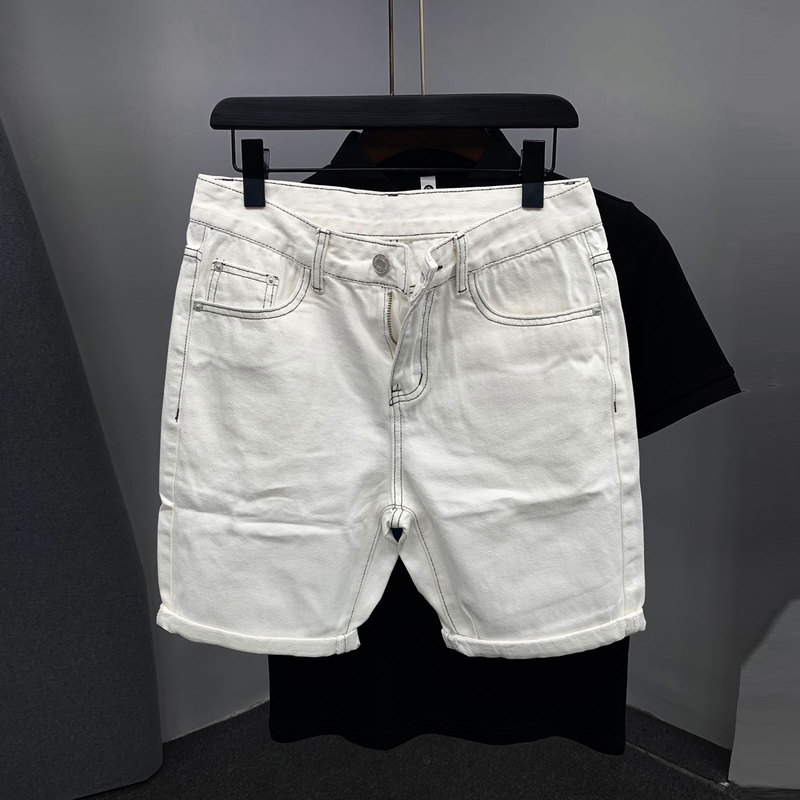 Casual Light Plate Pure White Denim Shorts for Boys 2025 Summer New Topstitch Contrasting Color Casual Non-Elastic Quarter Pants