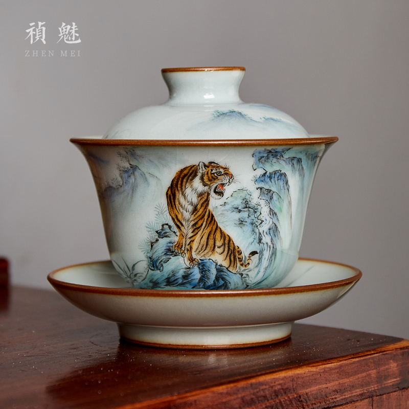 Shot incarnate your up hand - made the tiger only three tureen jingdezhen ceramic kung fu tea tea bowl cover open tablets