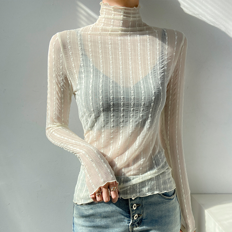 Apricot Lace Turtleneck Base Shirt for Women, Perfect for Layering in Autumn and Winter, Beautiful Thin Style with Unique Lace Trim and Pretty Mesh Top