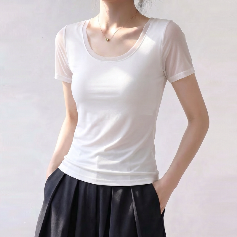 White Round-Neck Short-Sleeve T-Shirt, Regular Shoulder, Slim-Fit Base Shirt, Thin Lace Double-Layer Mesh, High-End Feel Top for Women, Summer White Round-Neck Short-Sleeve T-Shirt, Regular Shoulder, Slim-Fit Base Shirt, Thin Lace Double-Layer Mesh, High-End Feel Top for Women, Summer