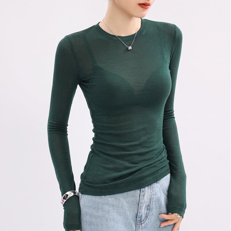 Green Round-Neck Thin Long-Sleeve Base Shirt 2026 New Style High-End Sheer Layering Top for Women That Can Be Worn Outside Green Round-Neck Thin Long-Sleeve Base Shirt 2026 New Style High-End Sheer Layering Top for Women That Can Be Worn Outside