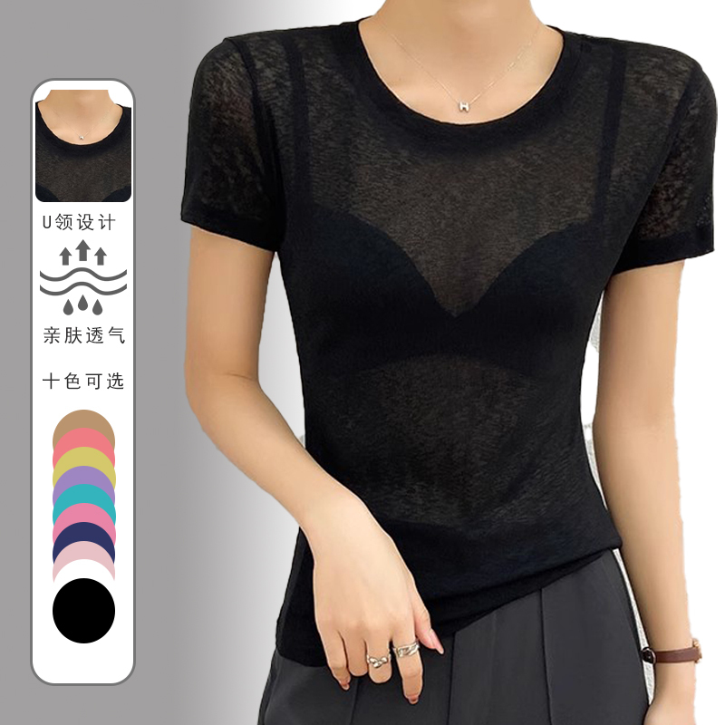 Black Ice Silk Short-Sleeved Mask T-Shirt for Women, New Summer Base Shirt, Transparent Cover-Up, Ultra-Thin Sunscreen Top