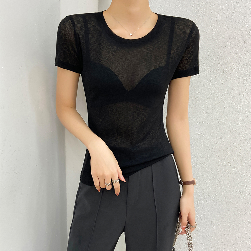 Women's Short-Sleeve T-Shirt with Regular Shoulders, Summer 2026 New Style, Black Base Shirt, Transparent Mesh Top, High-End Ultra-Thin Face Mask