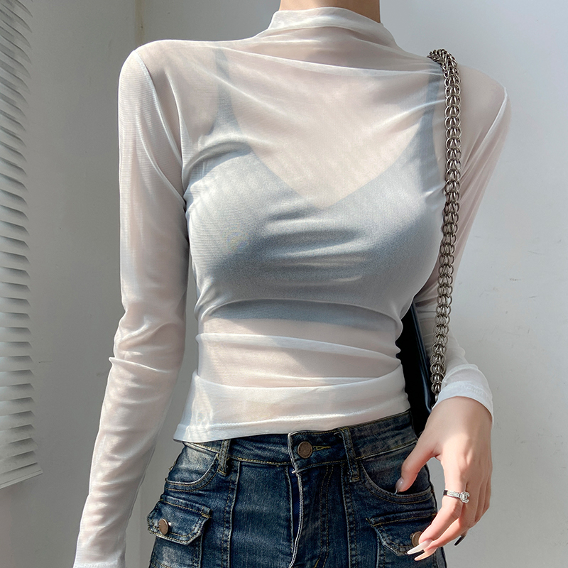 White Half-High Collar Lace Mesh Base Shirt for Women, 2025 New Autumn and Winter Style, Super Pretty, Slim Fit, Transparent Inner Top