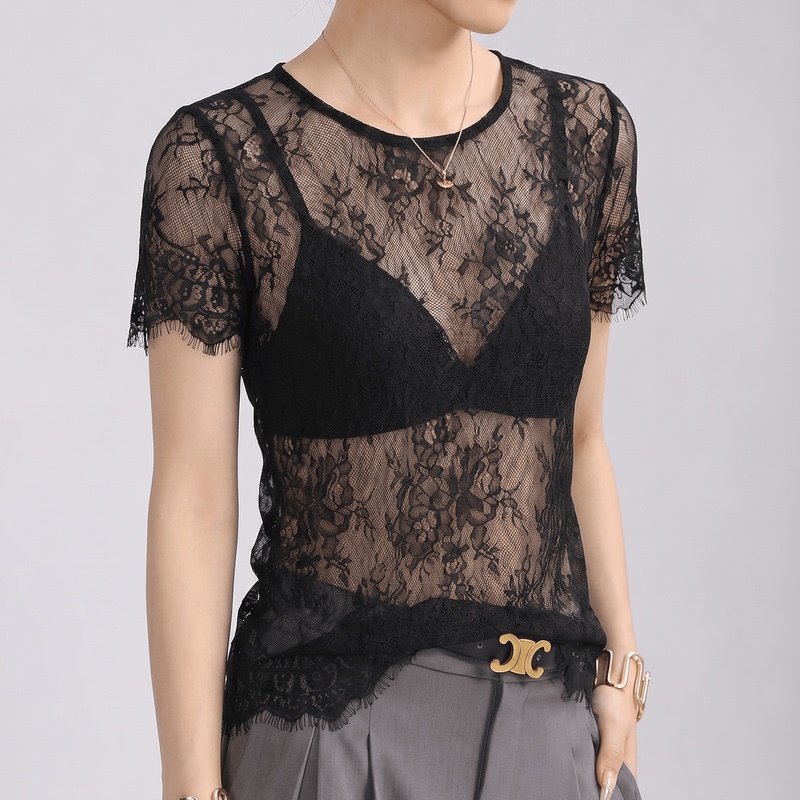 Black, Very Pretty Lace Short-Sleeve T-Shirt for Women, 2026 New Summer Style, Slightly Sheer Lace, Thin Mesh, Loose Top, Thin