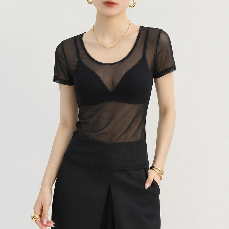 Black U-Neck Short-Sleeve T-Shirt for Women 2026 New Style Stunning Sheer Mesh Lace Thin Slim-Fit Top with a High-End Feel for Summer Black U-Neck Short-Sleeve T-Shirt for Women 2026 New Style Stunning Sheer Mesh Lace Thin Slim-Fit Top with a High-End Feel for Summer