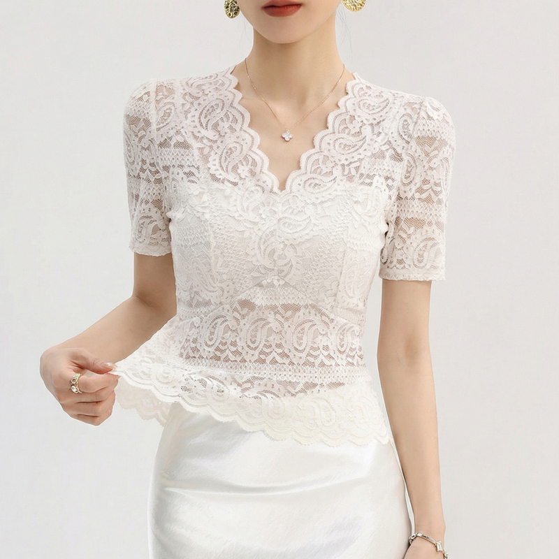White V-Neck Lace Short-Sleeve Women's 2026 New Style Light Luxury High-End Base Shirt, Sheer Inner Layering Top