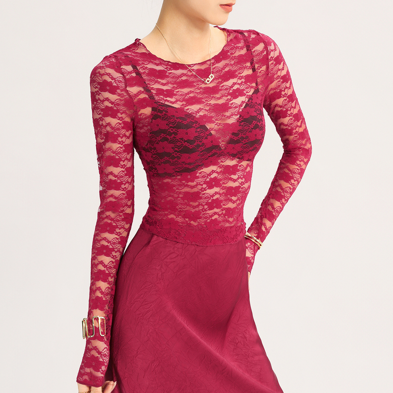 Red Round Neck Cut Out Lace Top for Women, Accessible Luxury, Classy, Beautiful, Classy Transparent Mesh Inner Layering Shirt, Thin