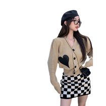 yaoxiaojie Miss Yao v-neck sweater jacket for women spring and autumn love print loose long-sleeved knitted cardigan