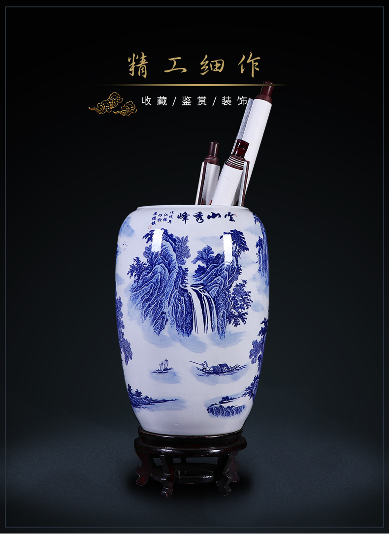 Blue and white landscape ceramic painting and calligraphy scrolls cylinder straight new Chinese style living room floor jingdezhen vase receive furnishing articles