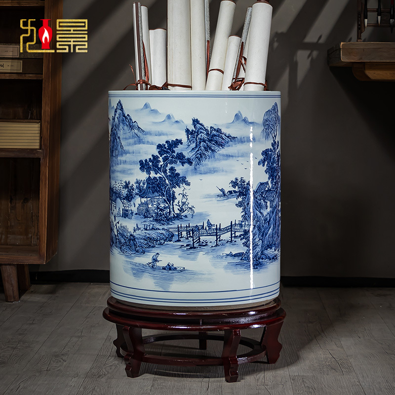 Jingdezhen Ceramic Calligraphy and Painting Cylinder Scroll Holder Calligraphy and Painting Barrel Arrow Tube Blue and White Porcelain Vase New Chinese Style Living Room Study Decoration Jingdezhen Ceramic Calligraphy and Painting Cylinder Scroll Holder Calligraphy and Painting Barrel Arrow Tube Blue and White Porcelain Vase New Chinese Style Living Room Study Decoration