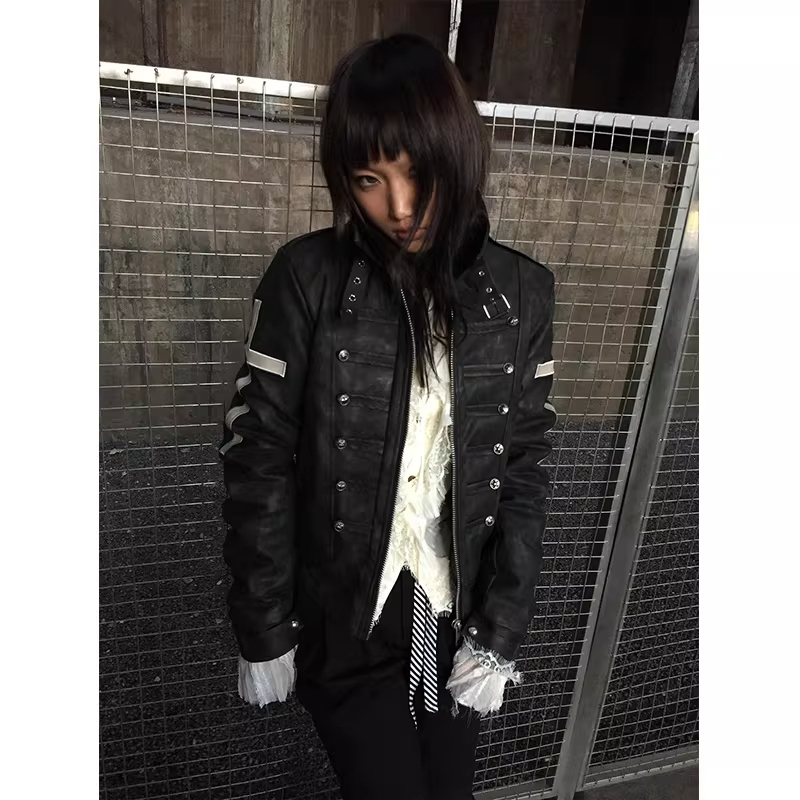 Black Short Leather Jacket with Shoulder Straps for Women, Spring and Autumn, Slim Fit, Subculture Cross Top