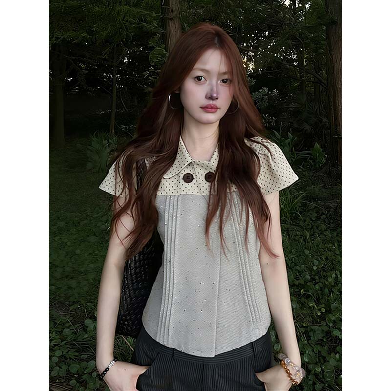 Korean-Style Polka-Dot Short-Sleeved Shirt for Women, Summer Wear, Pleated Patchwork, Contrasting Color Shirt, Slimming Peter Pan Collar Top