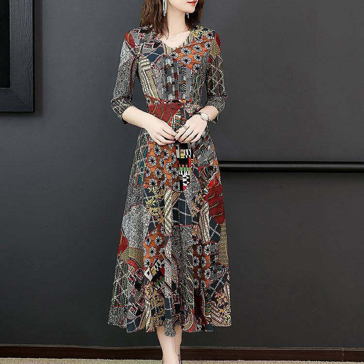 (with pockets) large size dress 2021 new spring and summer women's skirt mother dress middle-aged and elderly long skirt mid-length version