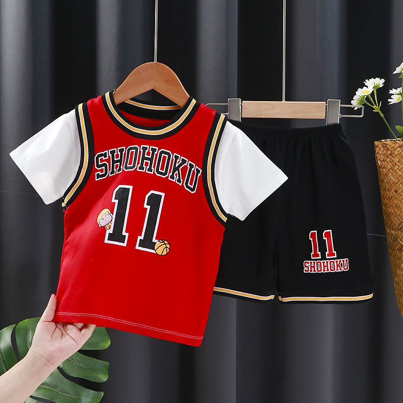 Boys summer children's basketball suit suit sportswear Pure cotton short-sleeved shorts Small, medium and large children's jersey fake two women