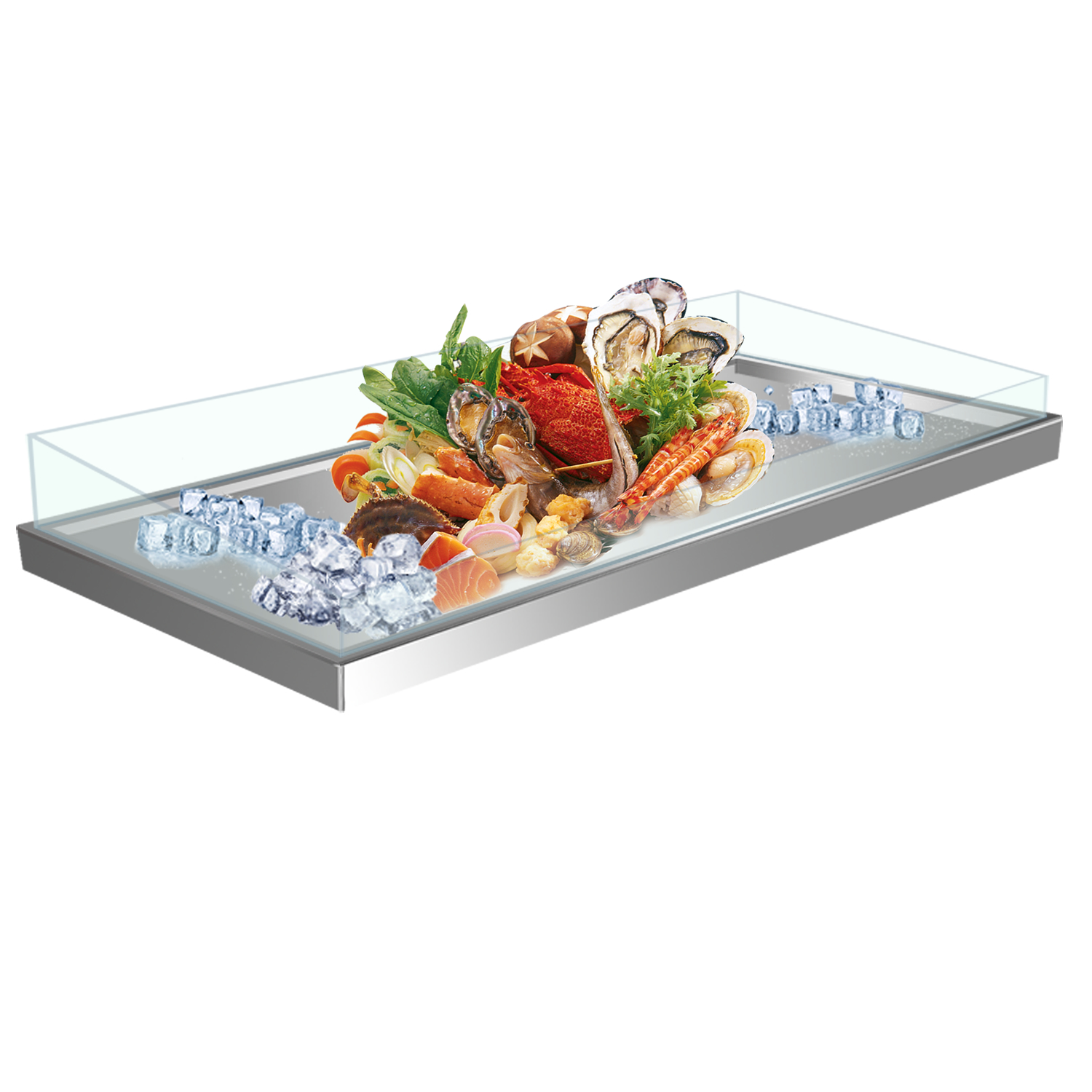 Commercial seafood ice cube cafeteria countertop refrigerated display cabinet chilled meat fresh dish preservation spray