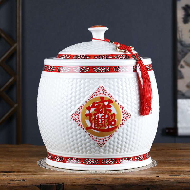 Jingdezhen Ceramic Rice Jar Household Sealed Rice Bucket Chinese Style Rice Storage Box