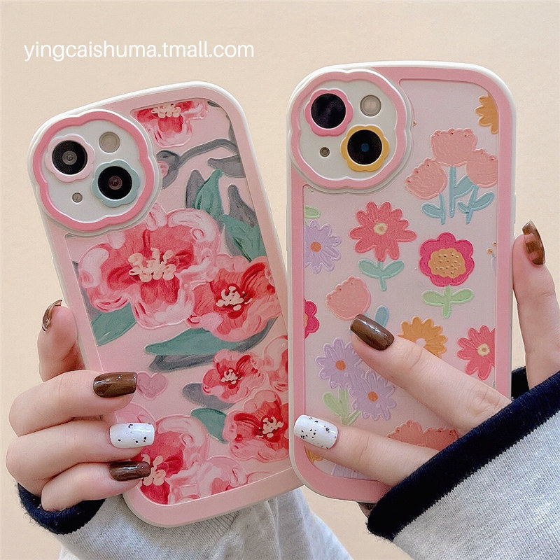 ins Korean wind oil painting pink flowers apply iPhone13promax apple 12 mobile phone protection shell 11 new xs female xr anti-fall xsmax silicone protective sheath small crowns