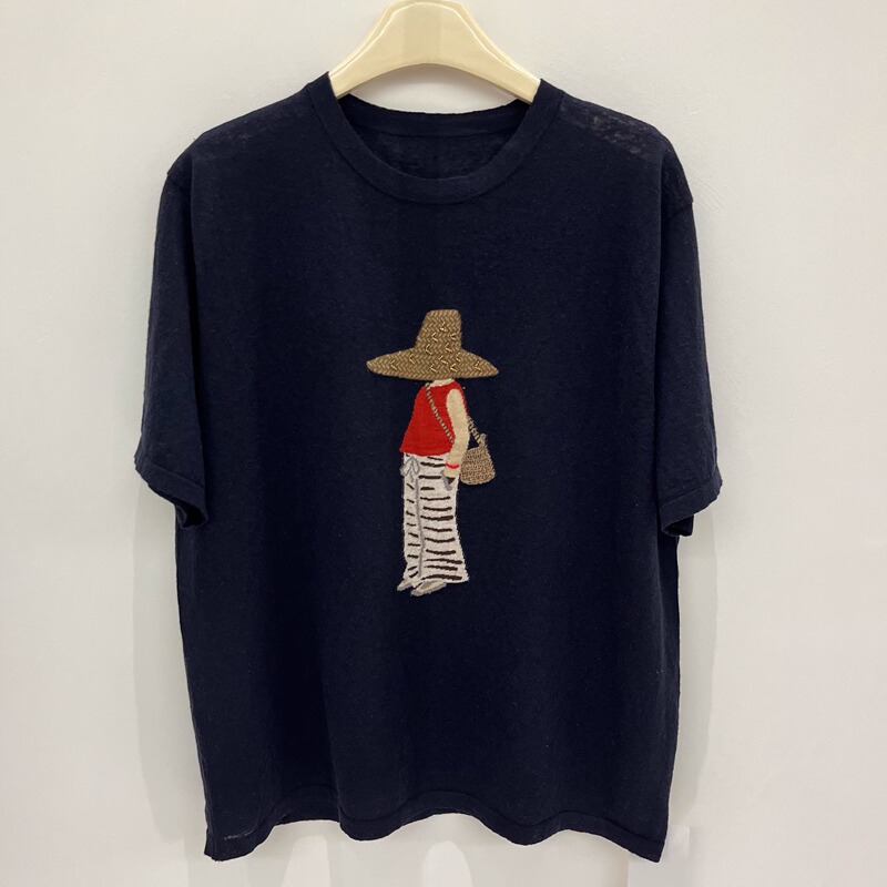 High-End Quality Korean-Style Embroidered Cartoon Pattern Cotton T-Shirt Top Loose Round Neck Short-Sleeved Linen Knitwear for Women