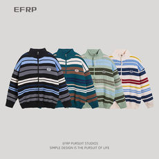 Джинсовая рубашка efrp五彩撞色条纹毛衣男开衫外套秋冬款多巴胺针织衫2023新款冬季