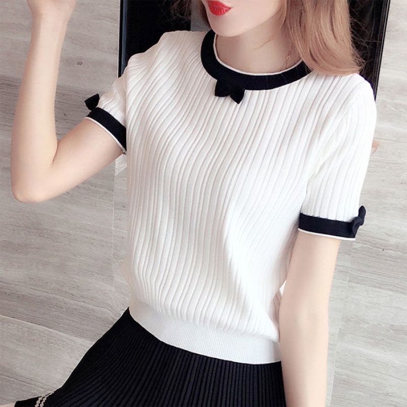 Sashimi short round collar short sleeve T-shirt female summer new Korean version butterfly icing silk knit cardiovert 100 hitch blouse