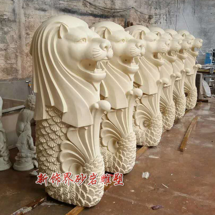 New Decoration World Sandstone Glass Fiber Sculpture Hotel Garden Villa Unit Community Outdoor Lion Body Fish Tail Lion Water Spray