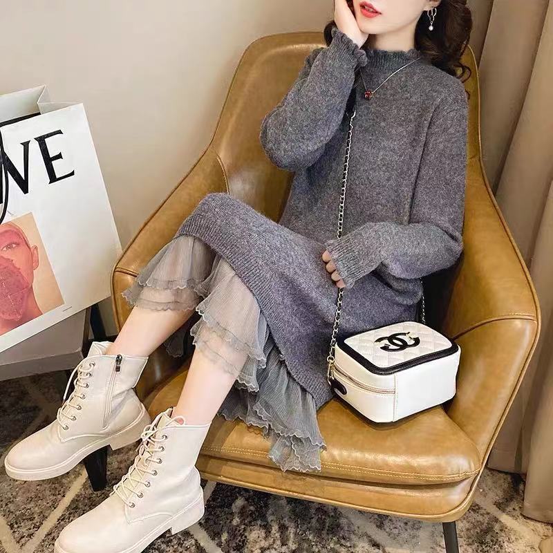 Thickened Knee Sweater Skirt Small Lace Stitching Loose Autumn and Winter Sweet Style Dress Inside Fairy Matching Coat