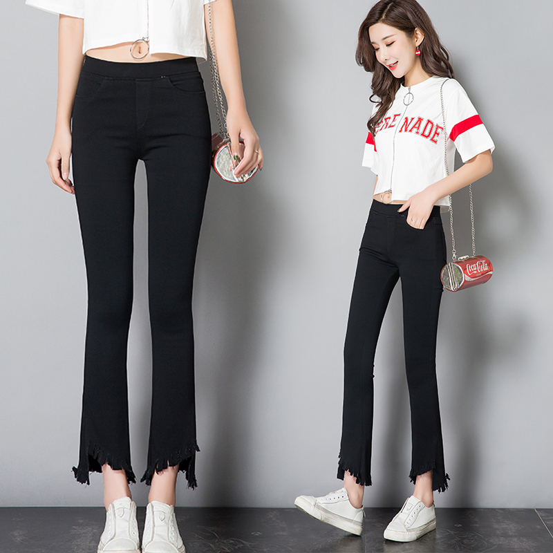 2020 spring and summer black micro flared pants elastic high waist casual split fishtail irregular raw fringe tassel nine-point pants