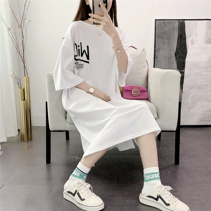 Foreign dress student over knee bottom dress pure cotton short sleeve T-shirt dress Long version casual fried street small crowdlength version of skirt