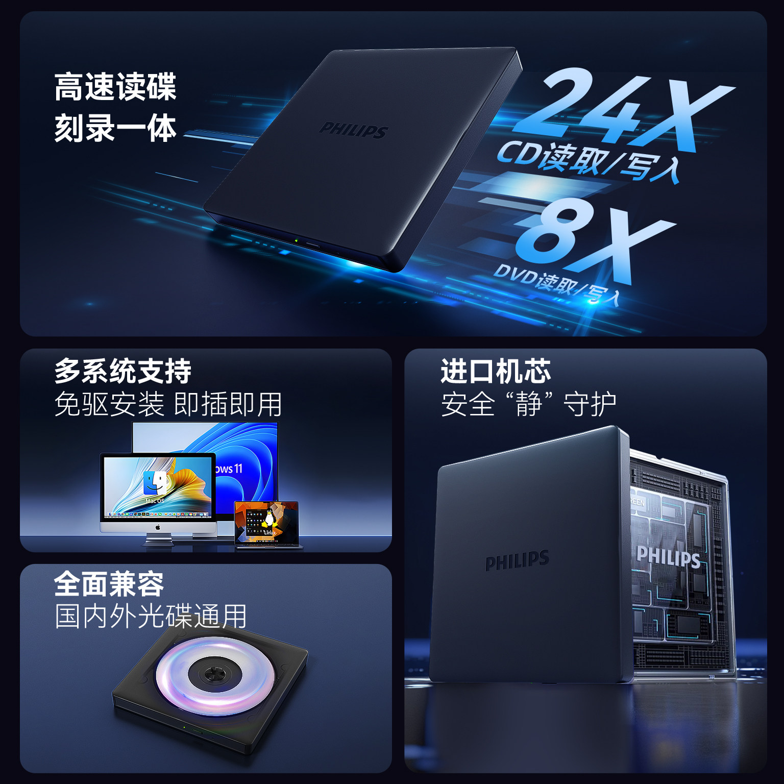 Philips External Optical Drive External Burner Dvd Disc Cd Desktop Computer USB Laptop Universal All-In-One Machine