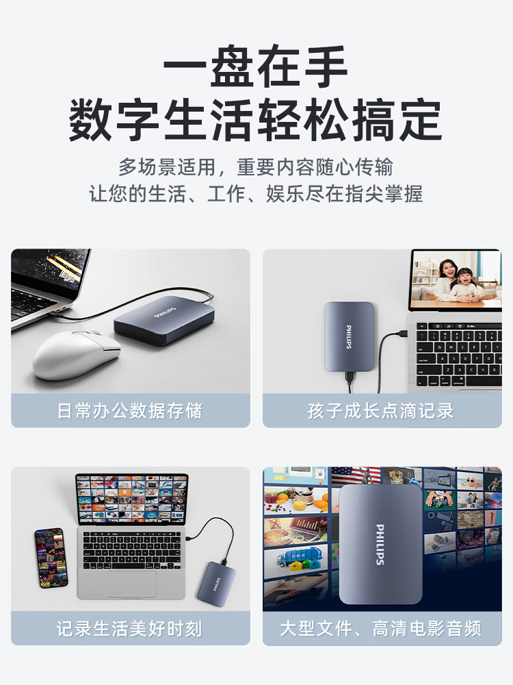 Philips Official Genuine Product Mobile Hard Drive High-Speed 2t Large Capacity 1t Storage Computer USB Interface Mobile Phone Camera