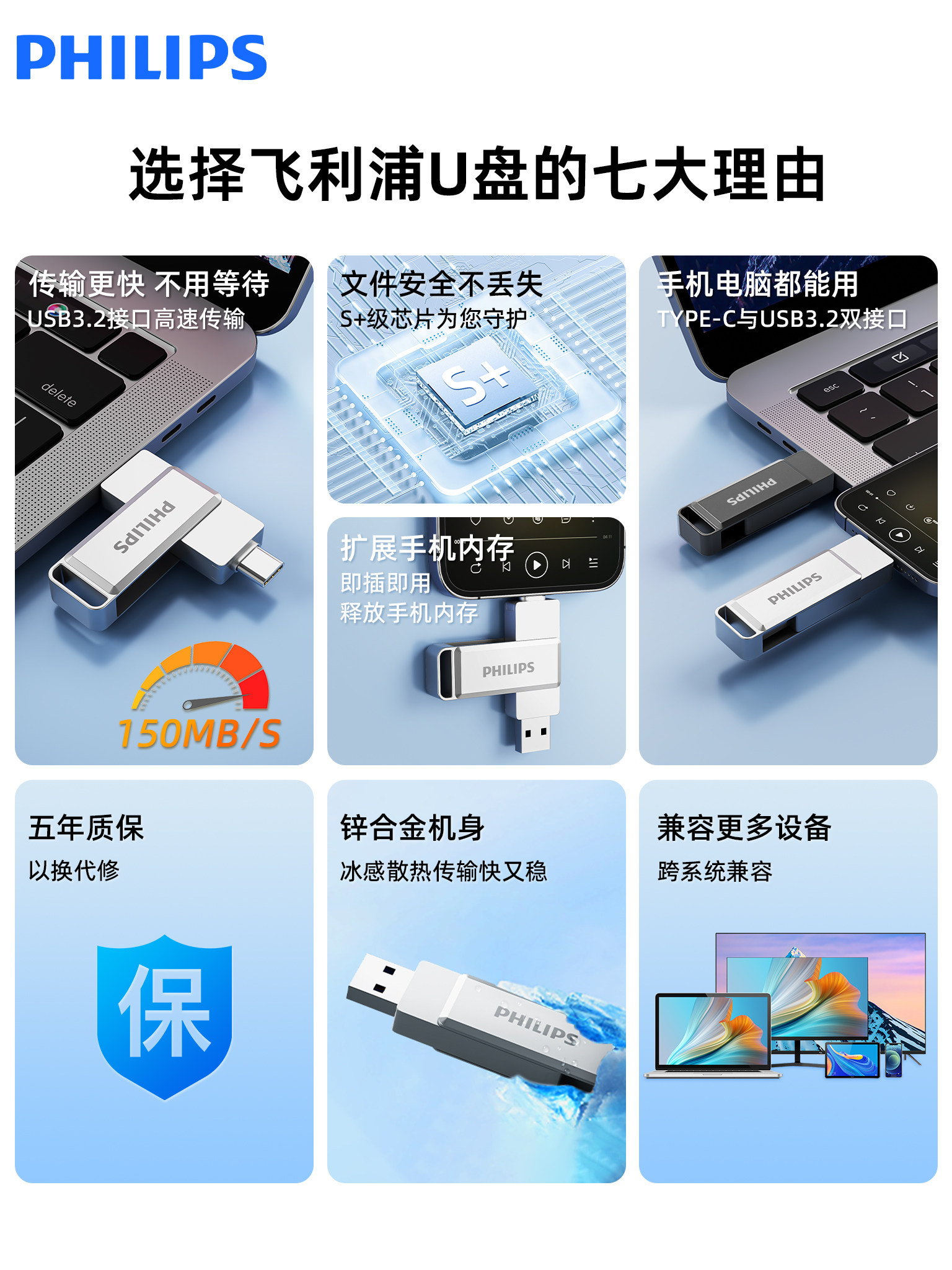 Philips Official Genuine USB Flash Drive Typec Dual-Head for Mobile Phones and Computers, Dual-Use for Teachers, Large Capacity, High-Speed Memory USB Flash Drive