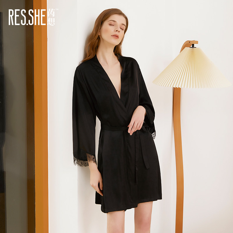 Rethinking Sleepwear Spring Summer Season Light Sexy Superior Black Bath Robes Morning Gown Lace Girl Lace Long Sleeve Sleeping Robe