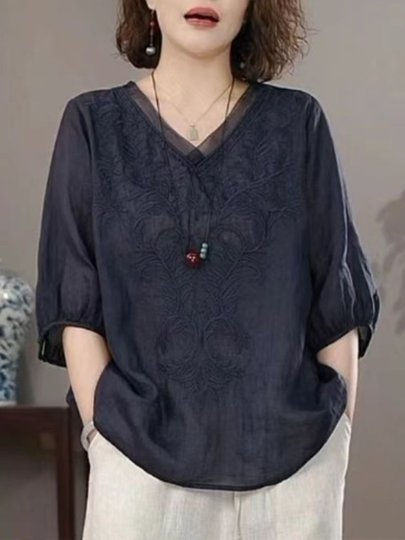 仿棉麻半袖上衣女夏季复古高端苎麻女装ⅴ领宽松大码刺绣薄款小衫